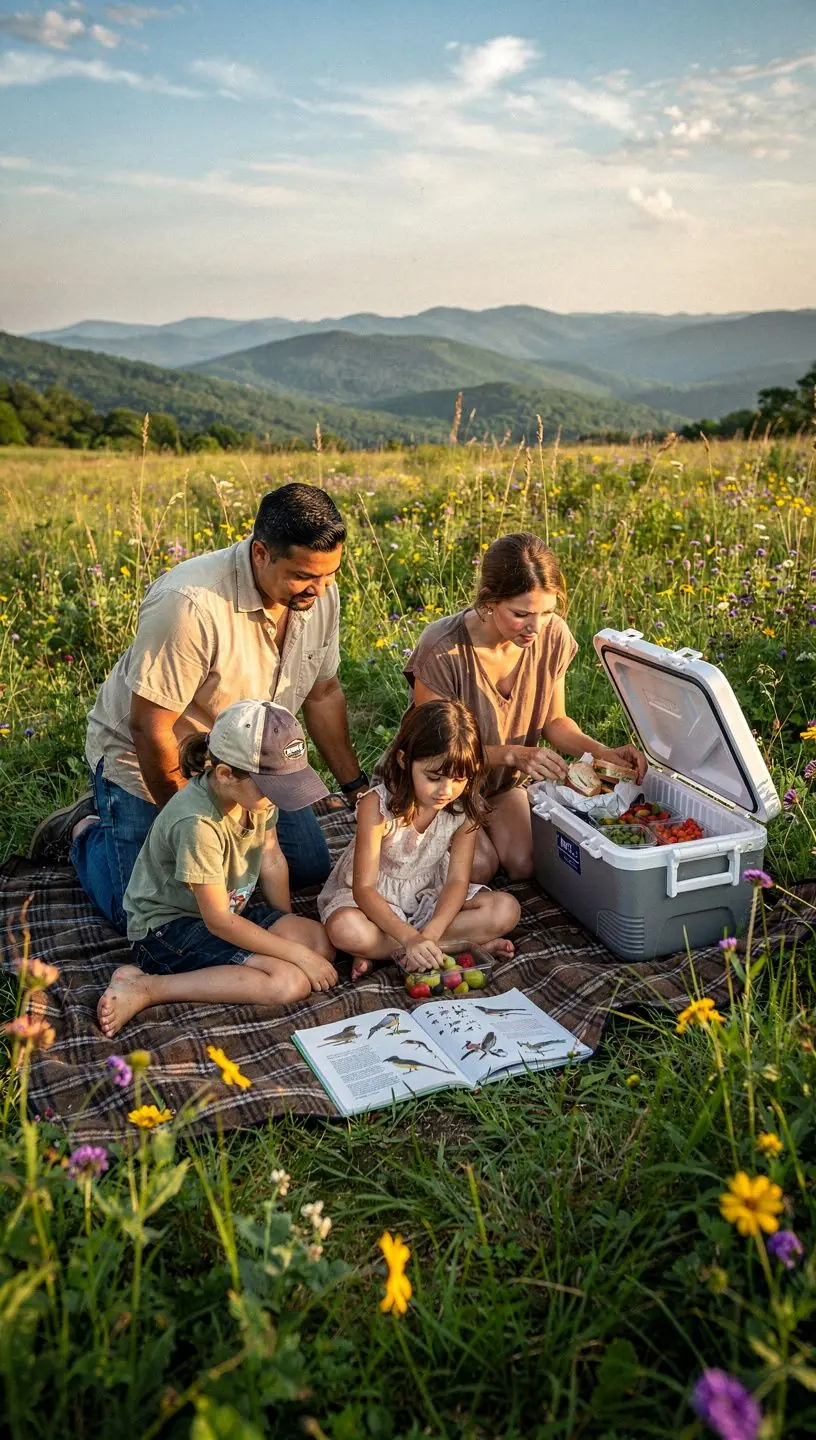 Widok na jezioro otoczone górami, idealne miejsce na relaks i piknik w naturze.
